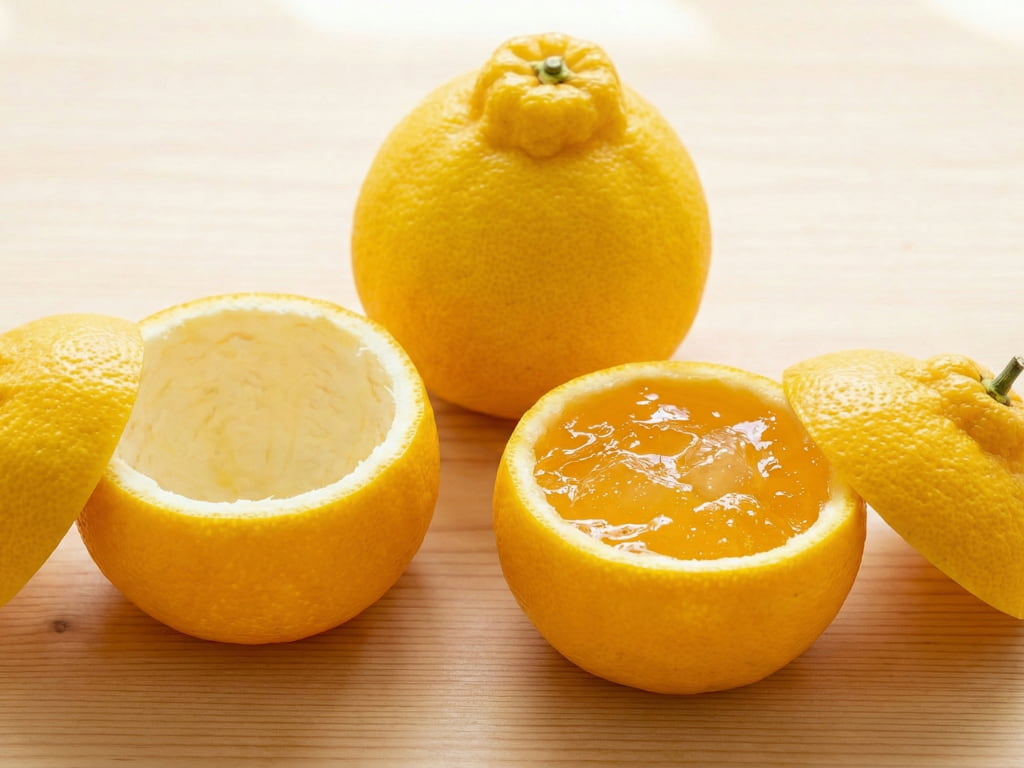 三宝柑の皮を器にする方法を示した図解写真。左から、丸ごとの果実、上部を切って中身をくり抜いた空の皮、その皮の器にオレンジ色のゼリーを詰めた完成品が木製のテーブルに並んでいる。切り落としたヘタ部分は蓋として添えられている。