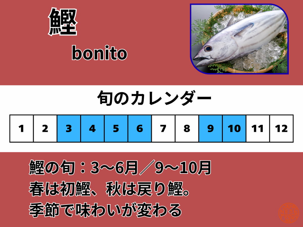 鰹(かつお)の旬を示したカレンダー(3〜6月・9〜10月)