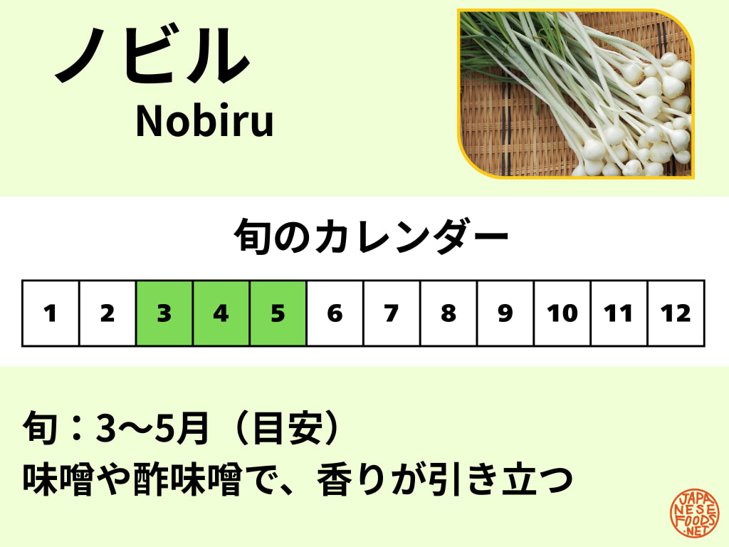 のびる（野蒜）の旬カレンダー。旬の目安は3〜5月で、春が食べごろ