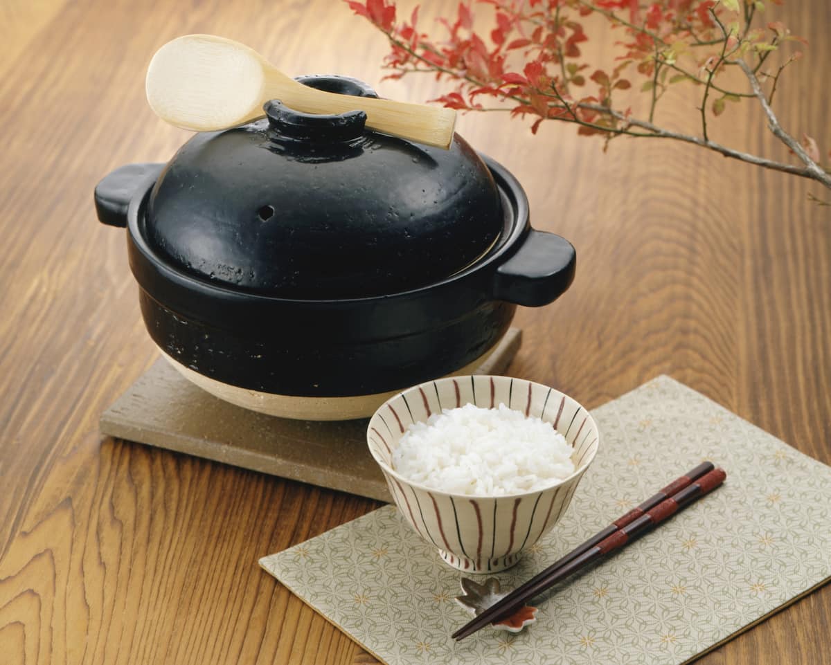 伊賀焼きの土鍋と炊きたてご飯一膳