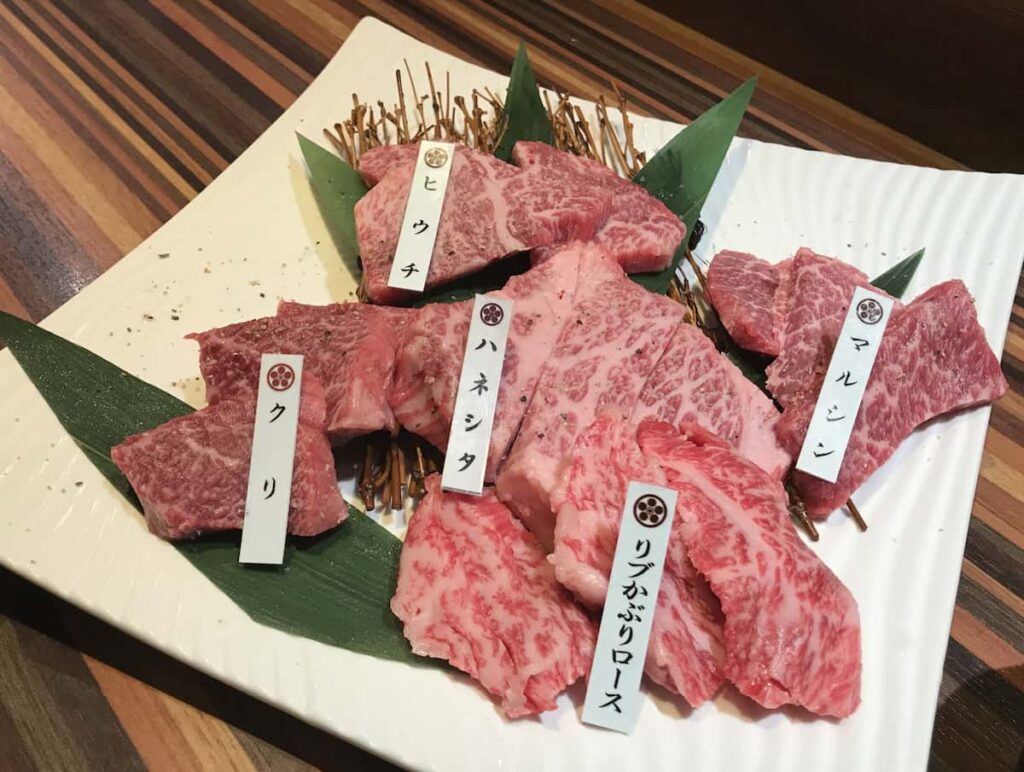 カタサンカク（クリ）、ヒウチ、ハネシタ、マルシンなど牛肉部位の生肉盛り合わせ（焼肉用）