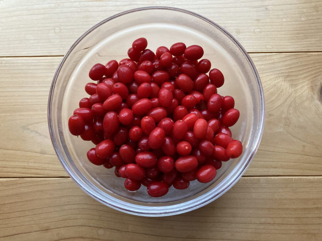 ヘタを取ってボウルに入れたたくさんの茱萸