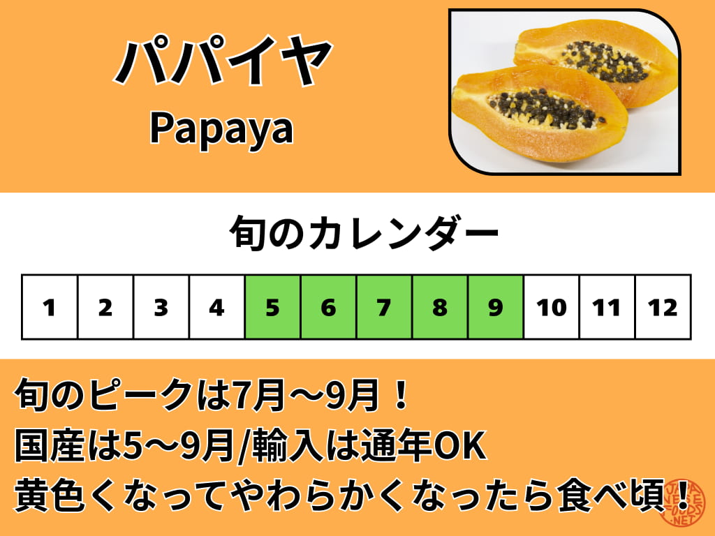 パパイヤの旬カレンダー 国産パパイヤは5月から9月が旬でピークは7月から9月 輸入パパイヤは通年 黄色くやわらかくなったら食べ頃
