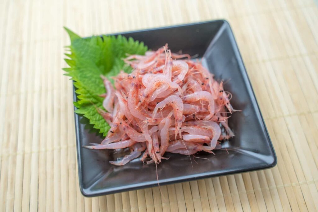 生の桜海老が皿に盛られた写真｜鮮やかな色合いと新鮮さが特徴