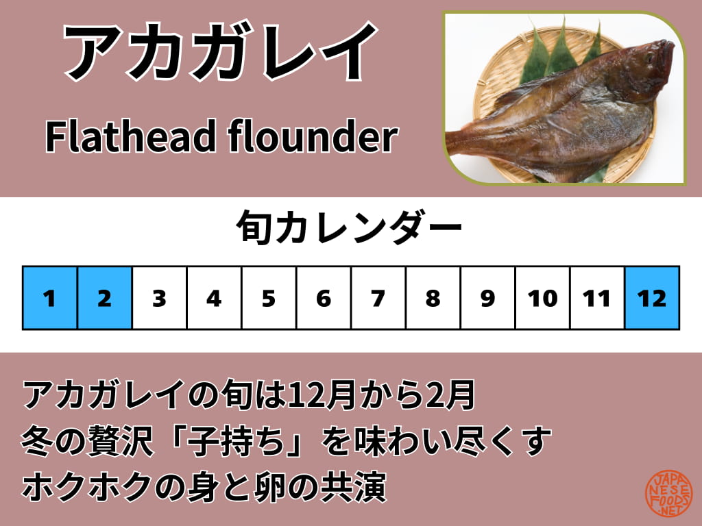 アカガレイの旬（12月、1月、2月）と、おすすめの調理法が子持ちの煮付けであることを示すカレンダー画像。