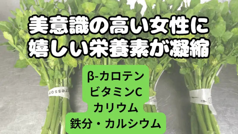 クレソンの束の画像に美意識の高い女性に嬉しい栄養素が凝縮と書かれている