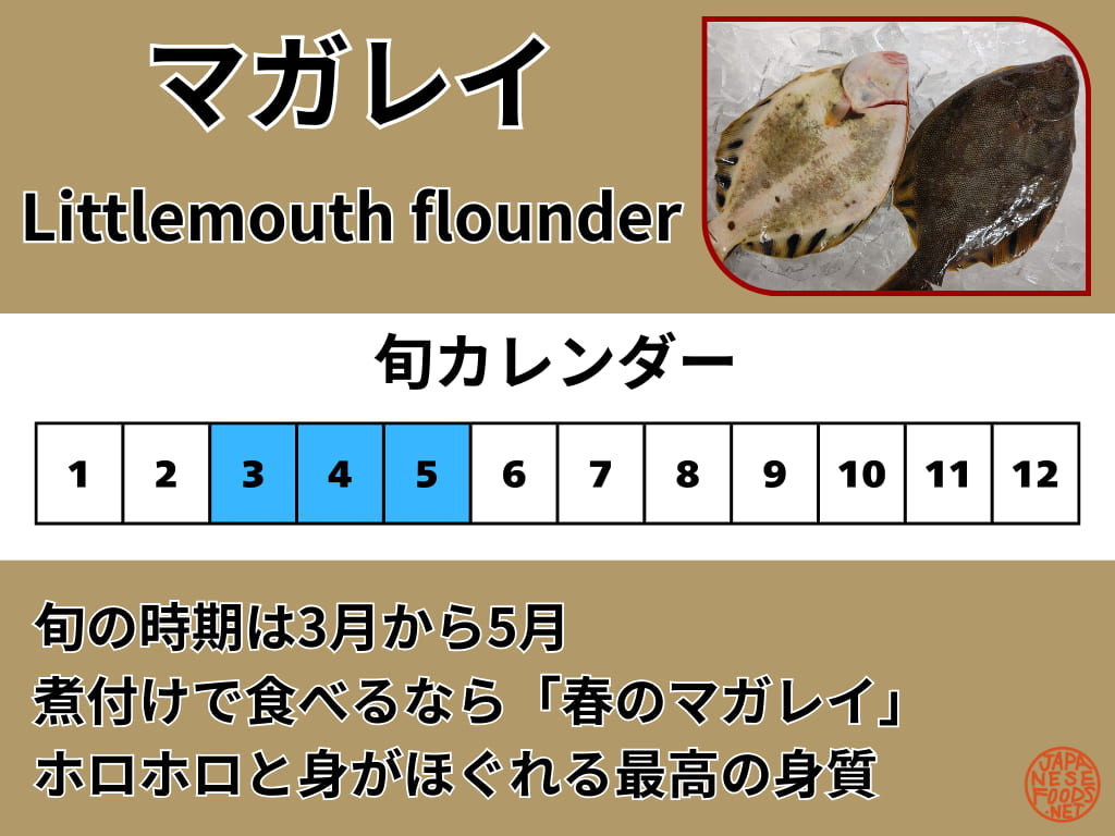 真ガレイの旬（3月、4月、5月）と、おすすめの調理法が煮付けであることを示すカレンダー画像。