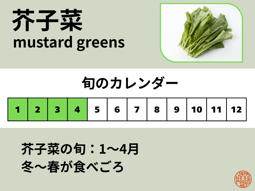 芥子菜（からし菜）の旬カレンダー。旬の目安は1〜4月で、冬〜春に出回る