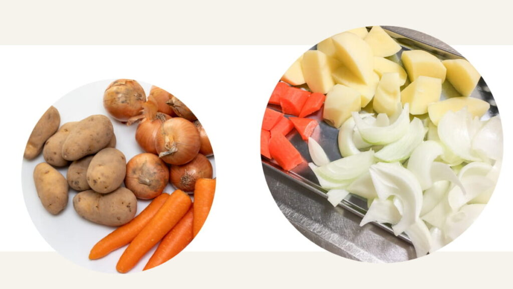 スーパーの未処理野菜と、Oisixのミールキットの下処理済み野菜の比較イメージ
