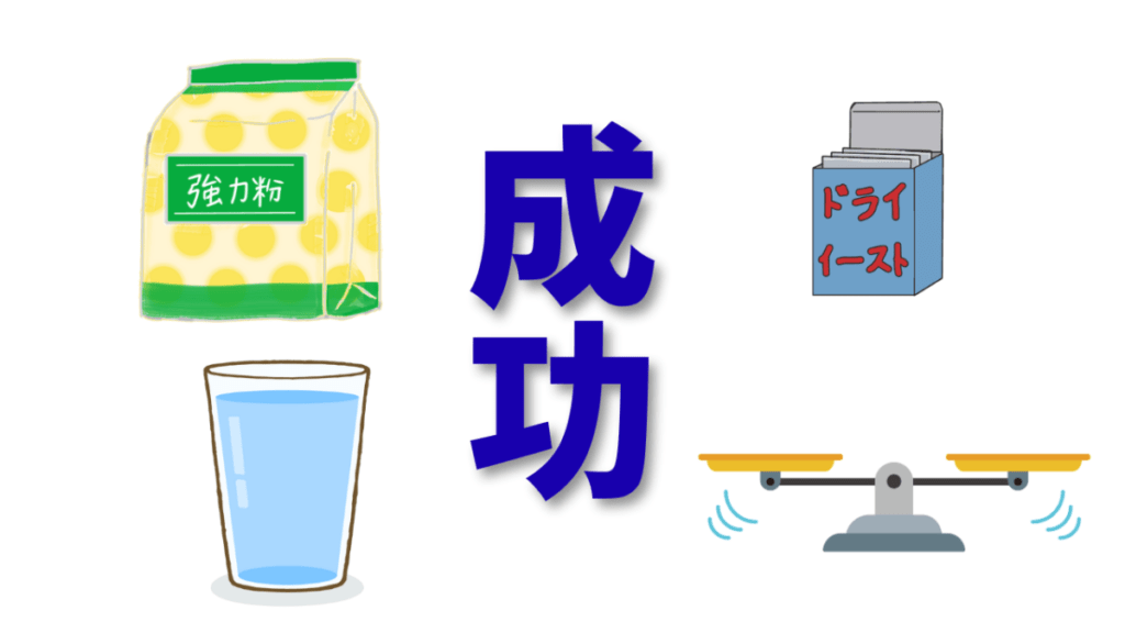 パン作りの材料（強力粉、水、天秤、ドライイースト）のイラスト