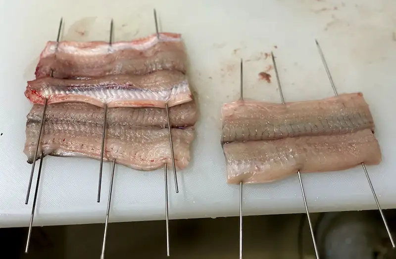 生の鰻に串を刺しているところ