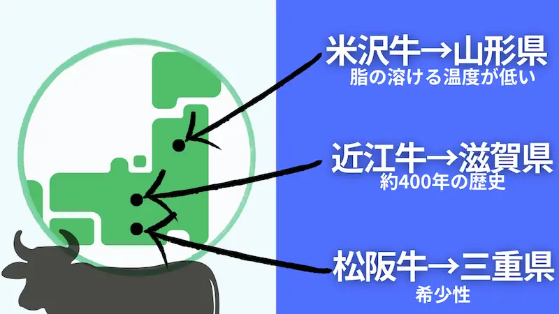しゃぶしゃぶパーティーにおすすめのブランド和牛3選（松阪牛・近江牛・米沢牛) を表した日本地図