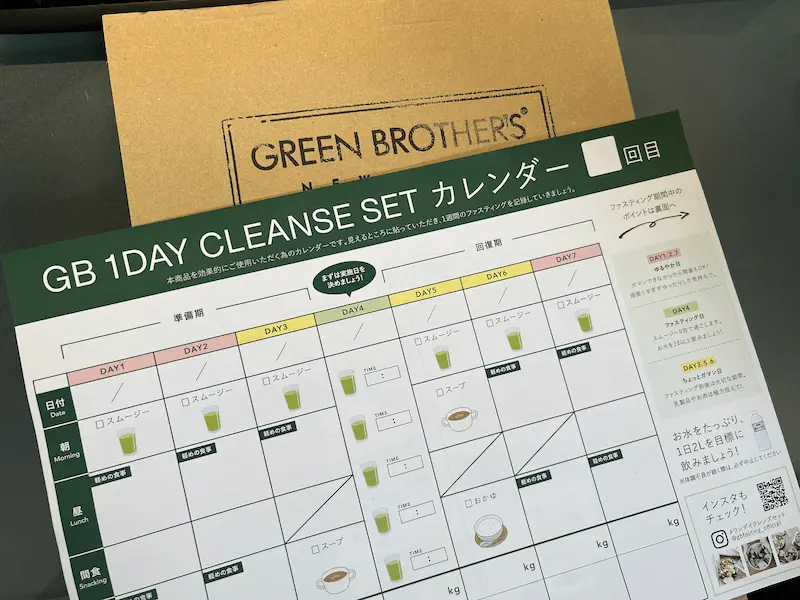 ワンデイクレンズセットに付いているカレンダー（DAY1〜DAY7のスケジュール表）