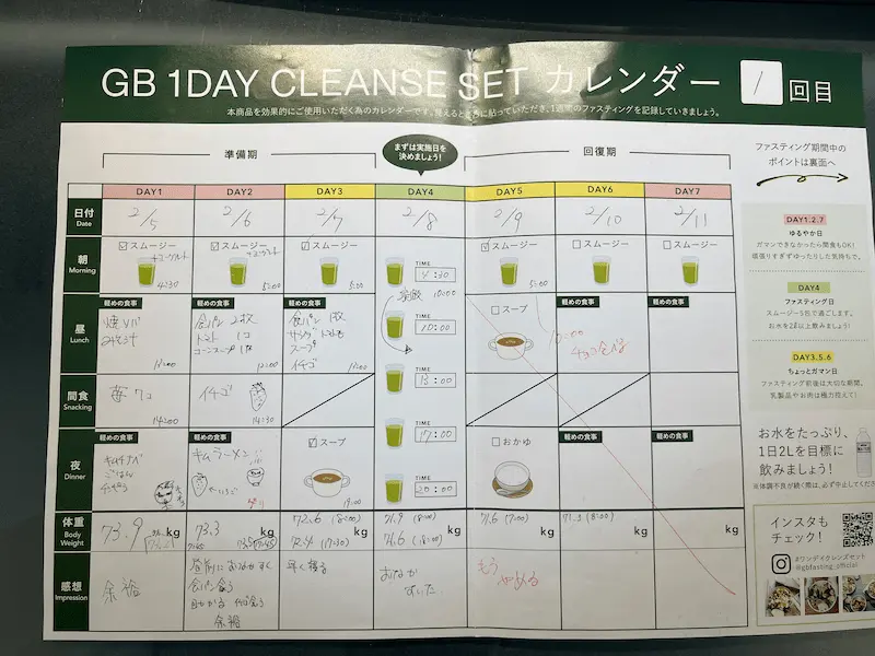 私が実際に記入したカレンダー。