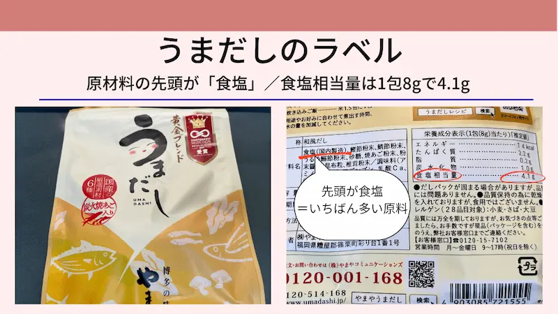 やまや うまだしのラベル。原材料の先頭が食塩、食塩相当量は1包8gで4.1g